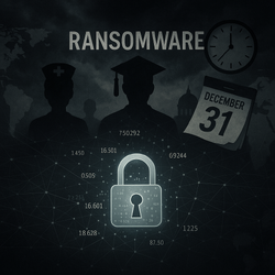 The image depicts a dark digital landscape filled with ominous clouds and interconnecting lines representing a complex network In the foreground a glowing lock symbol is encircled by a series of floating numerical data points hinting at the concept o-1