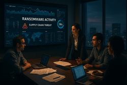 The image depicts a dimly lit office environment with a large wall screen displaying a complex cybersecurity dashboard filled with graphs data points and alerts related to ransomware attacks A diverse group of professionals including a woman in a bus-250px