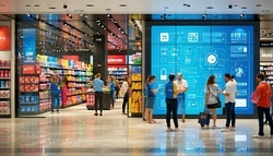 The image depicts a modern retail store with a sleek hightech design The storefront features large glass windows displaying an array of colorful merchandise inviting customers inside Inside the lighting is bright and strategically placed highlighting- 250