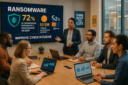 The image portrays a modern office environment filled with diverse professionals engaged in a collaborative meeting A large screen displays a colorful infographic highlighting key statistics about ransomware incidents and cyber hygiene The room is we-1-1